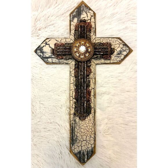 Montana West 20” Rustic Western Crackled Wooden Metal Bling Wall Cross - Picture 7 of 7